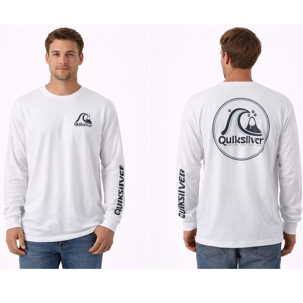 Quiksilver Men’s XL White Long Sleeve T-Shirt Logo Graphic 100% Cotton Surf